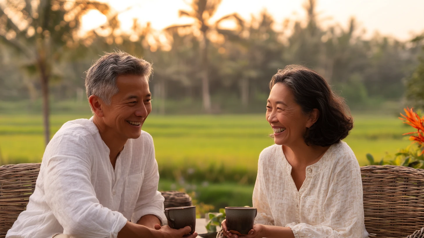 Contemplative older couple having coffee, reflecting on their future